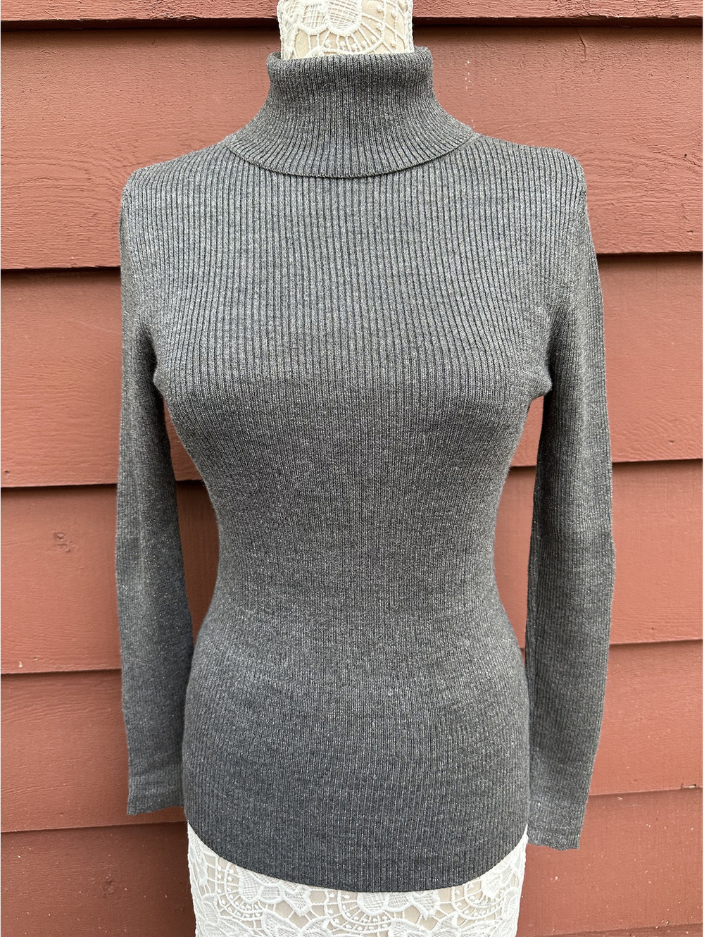 Faded Glory Grey Ribbed Turtleneck Sweater Long Sleeve Slim Fit